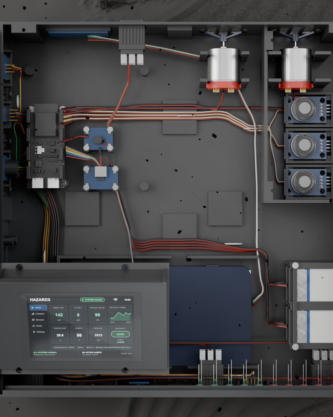 The production Alfa HazardX node with its lid sectioned away, showing the status display, sensor boards and wiring loom inside the machined enclosure.
