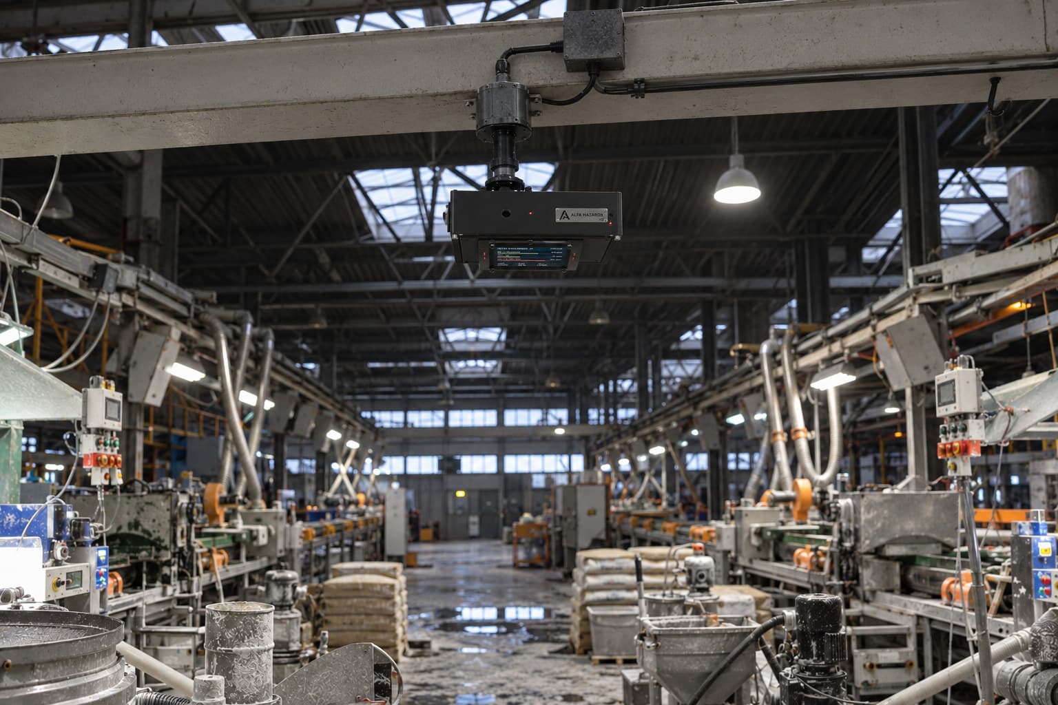 An Alfa HazardX node mounted on a structural beam above the central aisle of a production hall, with machinery, extraction ducting and control panels running down both sides.
