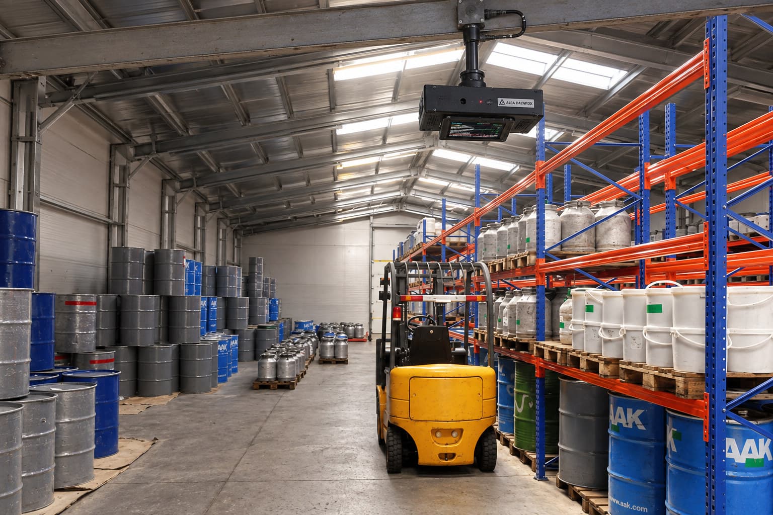 An Alfa HazardX node on a ceiling drop mount above the central aisle of a solvent store, with stacked steel drums on one side and racked containers and a forklift on the other.