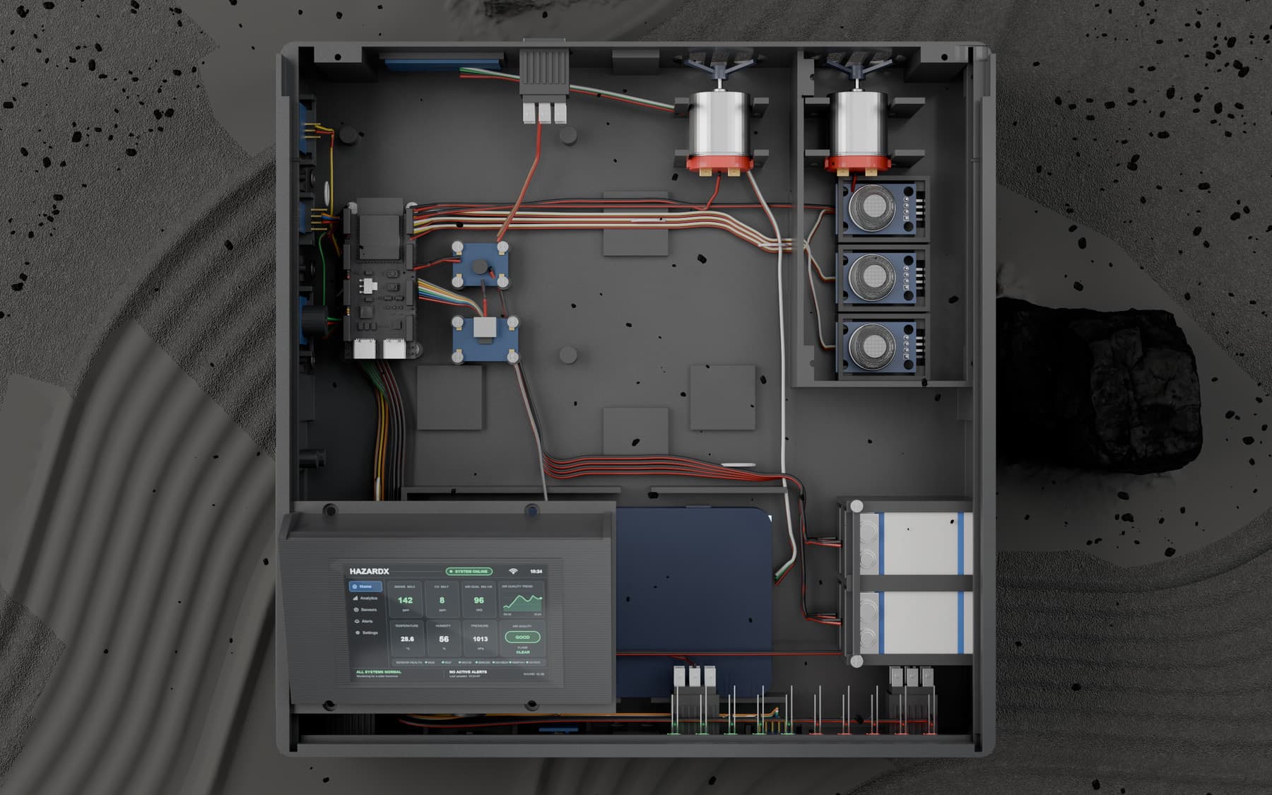 Inside an Alfa HazardX AI safety device: the node controller, sensor wiring harness, cooling fan and battery pack that run detection on the node.