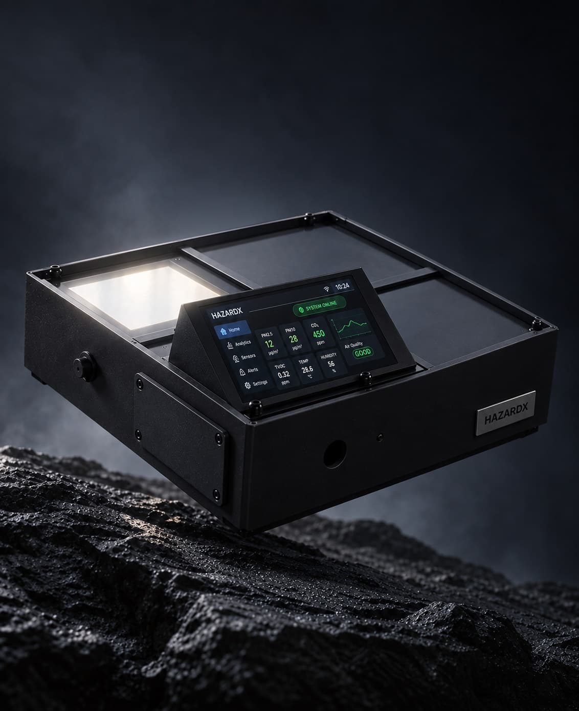 The Alfa HazardX node photographed at three-quarters against a dark ground, showing the machined enclosure, the glazed sensor bay, the front cable gland and the angled status display reading live air-quality channels.